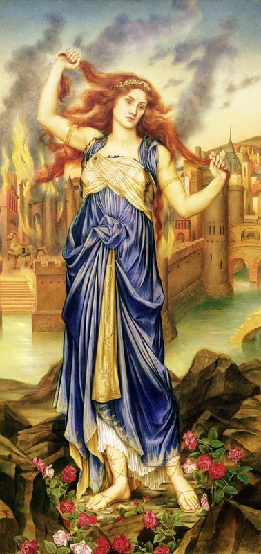 Cassandra, the daughter of King Priam, predicts the downfall of Troje but  is not believed by anyone. On the right in the background the horse of  Troje, which will be lined